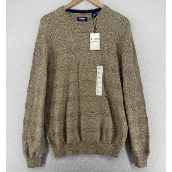 CHAPS Sweater Mens M Oak Twist Striped Jacquard Jumper Pullover Cotton Beige New - Picture 1 of 15